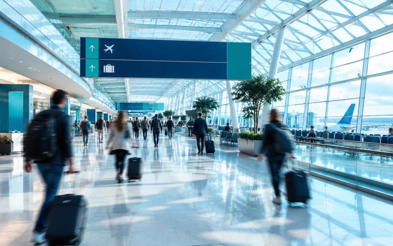 Travelers walking through a bright airport terminal.