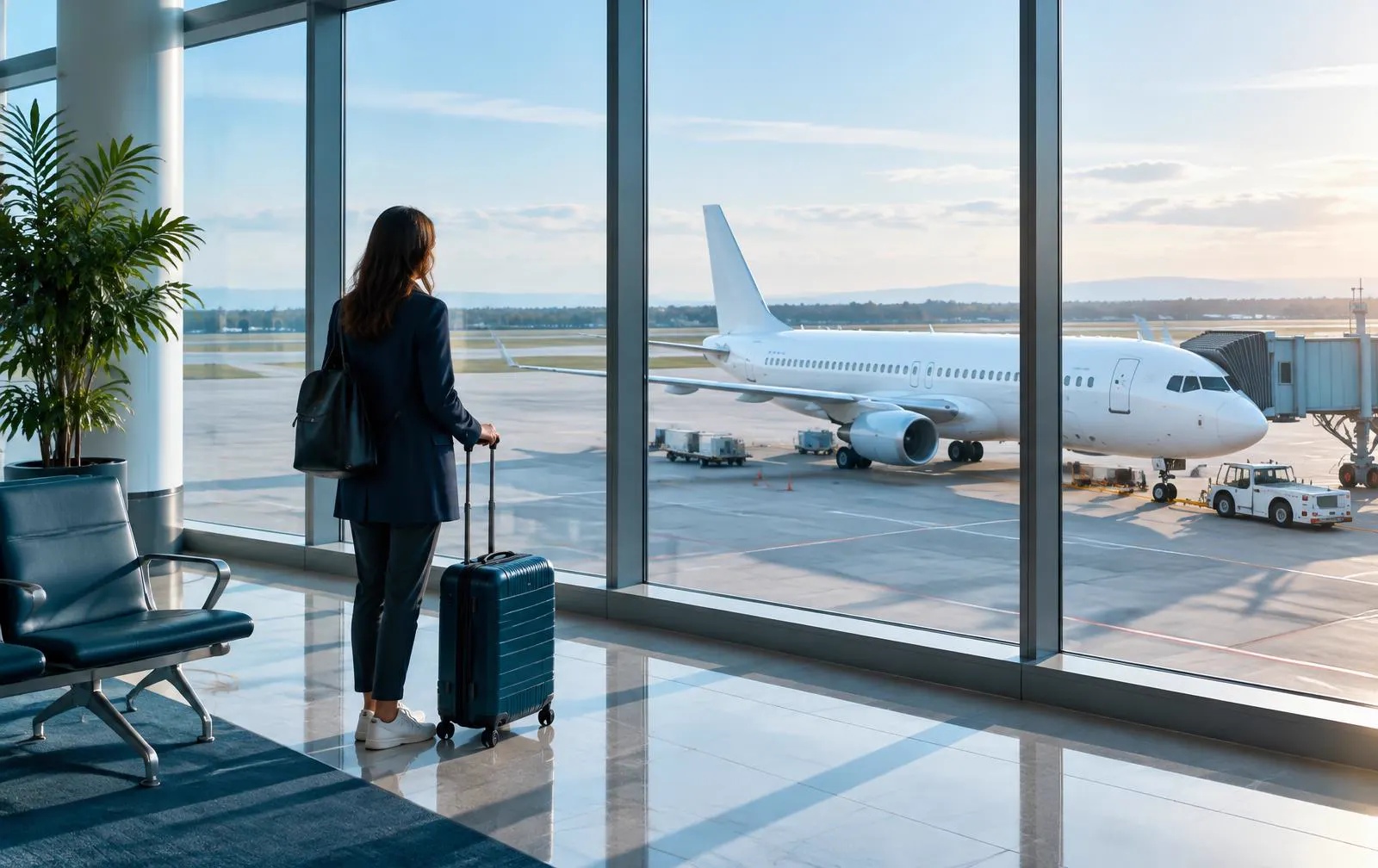 Traveler with a suitcase looking out at an airplane from an airport terminal